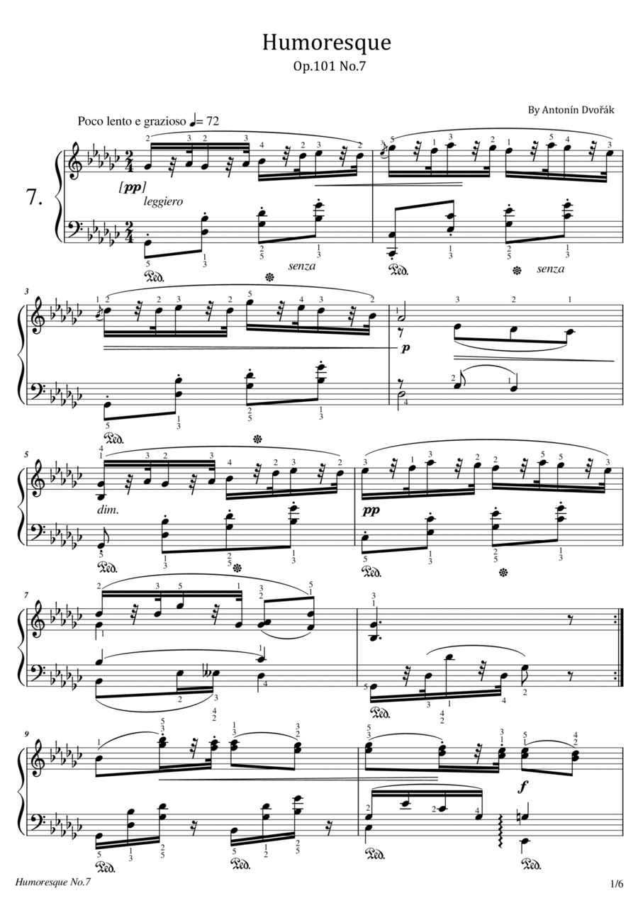Dvořák - Humoresque Op.101 No.7 - For Piano Solo - Original With Fingered Piano Solo scores gallery preview page 1