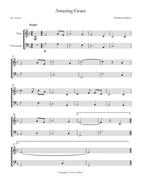 Jonh Newton Amazing Grace Easy Flute and Cello Sheet Music F major image number null