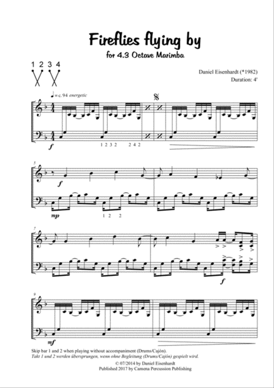 Fireflies flying by (4.3 octave Marimba with opt. Cajon/Drums accompaniment, 4 minutes) Percussion Ensemble scores gallery preview page 2
