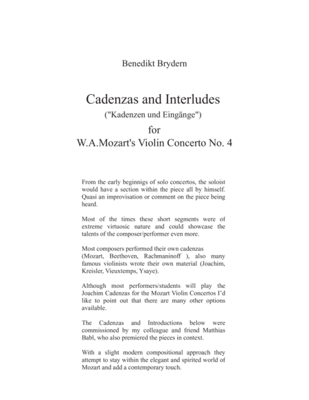 Cadenzas for W.A.Mozart Violin Concerto No.4