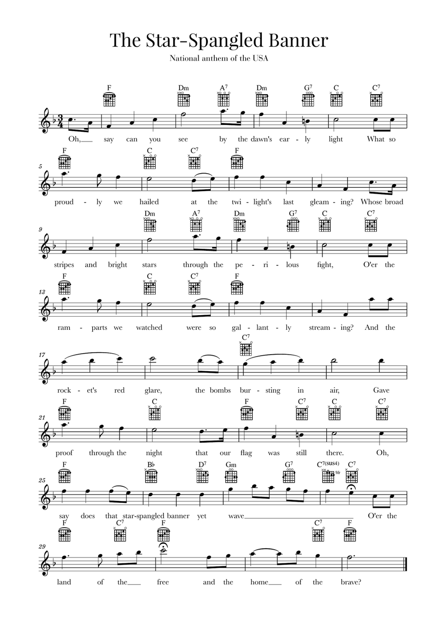 The Star Spangled Banner (National Anthem of the USA) - Guitar - F Major