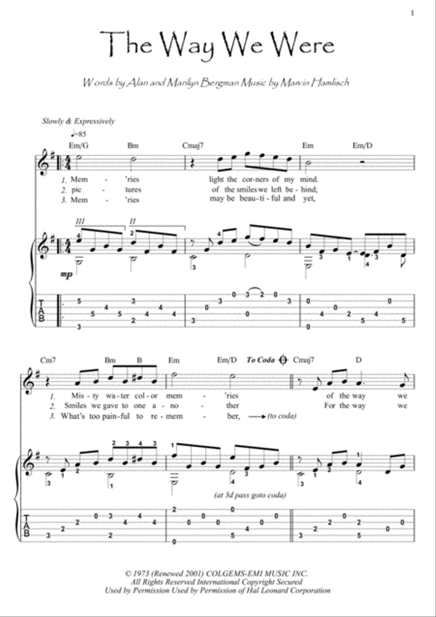 The Way We Were Electric Guitar scores gallery preview page 1