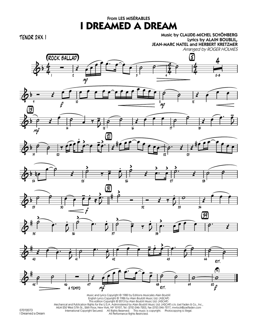 I Dreamed a Dream (from Les Miserables) - Tenor Sax 1 Jazz Ensemble scores gallery preview page 1