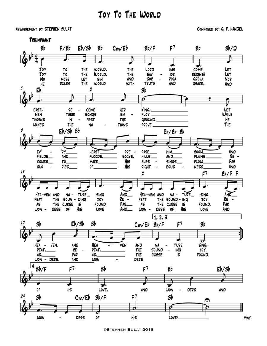 Joy To The World - Lead sheet (melody, lyrics & chords) in key of Bb Large Ensemble scores gallery preview page 1