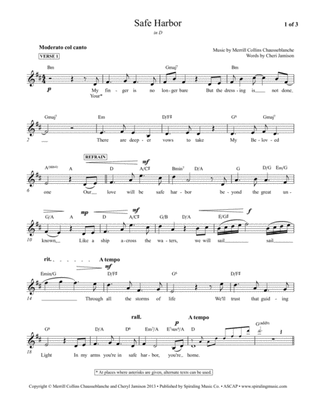 Safe Harbor vocal/piano lead sheet in D