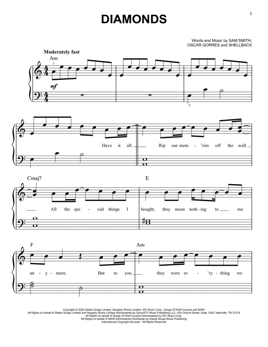 Diamonds Easy Piano scores gallery preview page 1