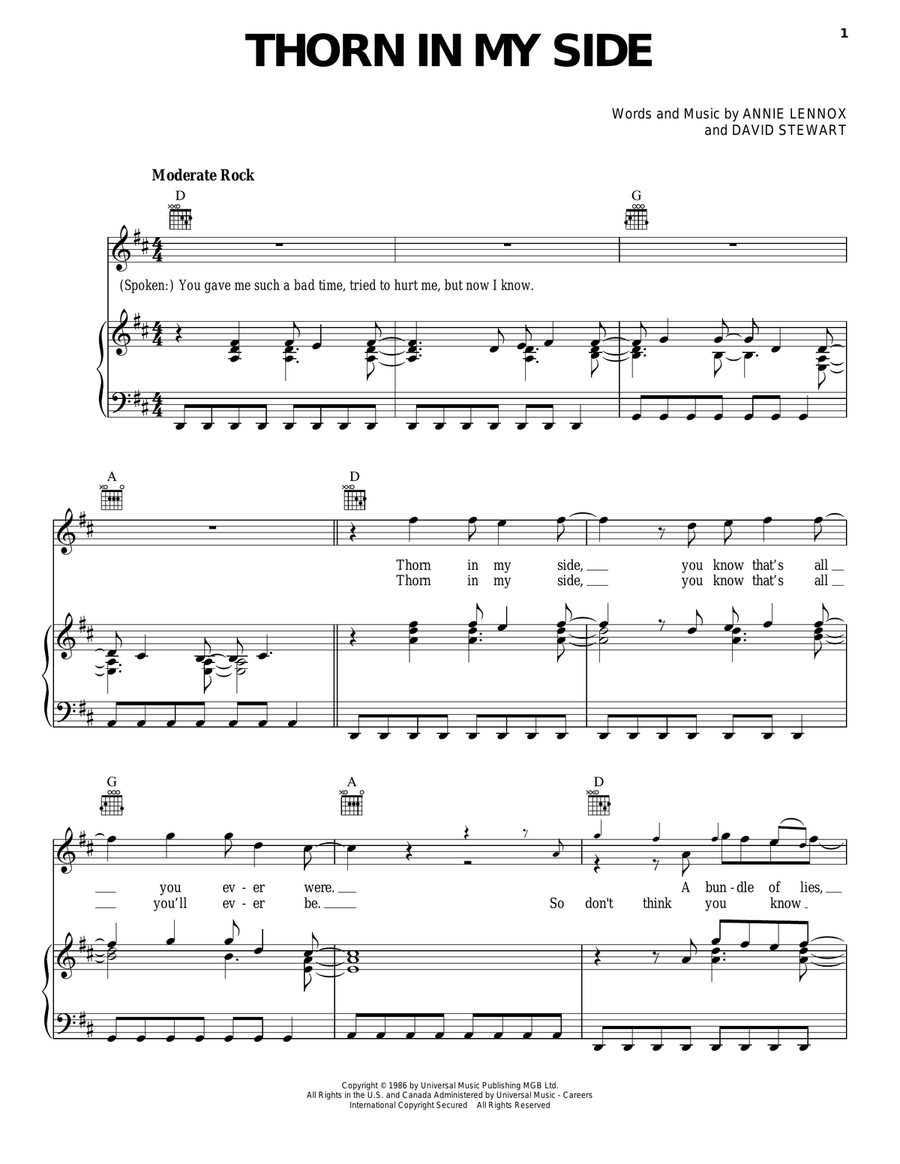 Thorn In My Side Piano, Vocal, Guitar scores gallery preview page 1