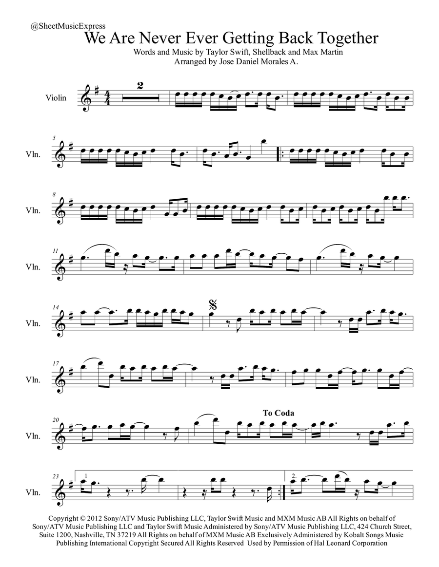 We Are Never Ever Getting Back Together Violin Solo scores gallery preview page 1
