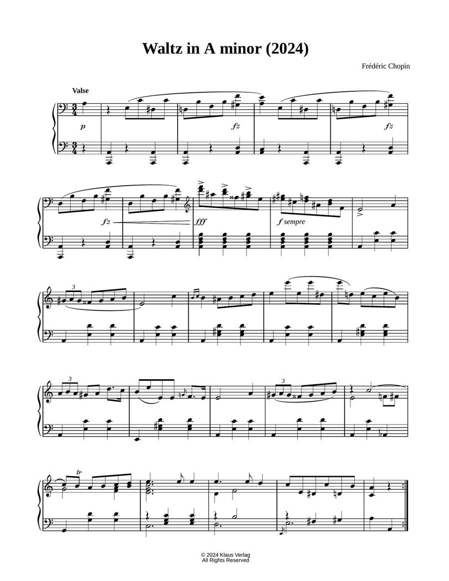 New Chopin Waltz in A minor (2024) Piano Solo scores gallery preview page 1