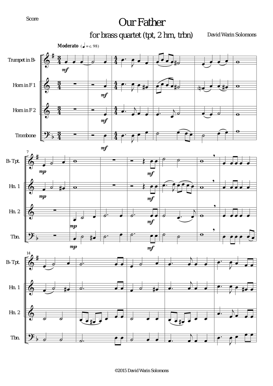 Our Father for brass quartet (tpt, 2 hrn and tbn) Brass Quartet scores gallery preview page 1