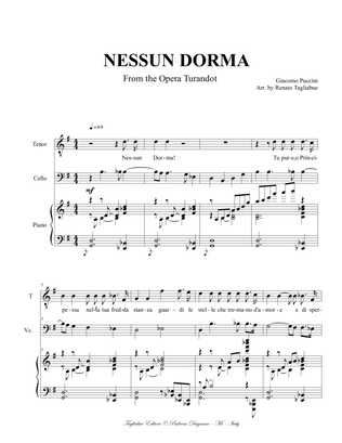 NESSUN DORMA (From Turandot) - Puccini - Arr. for Tenor, Piano and (ad libitum) Cello - Score Only