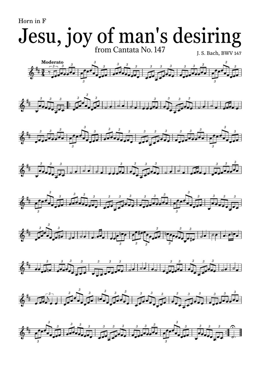 JESU, JOY OF MAN'S DESIRING by Bach - easy version for Horn in F and piano with chords Small Ensemble scores gallery preview page 1