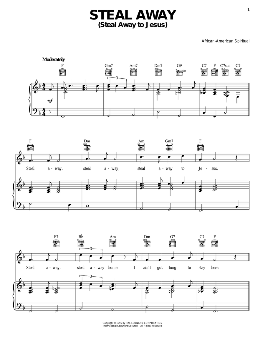 Steal Away (Steal Away To Jesus) Piano, Vocal, Guitar scores gallery preview page 1