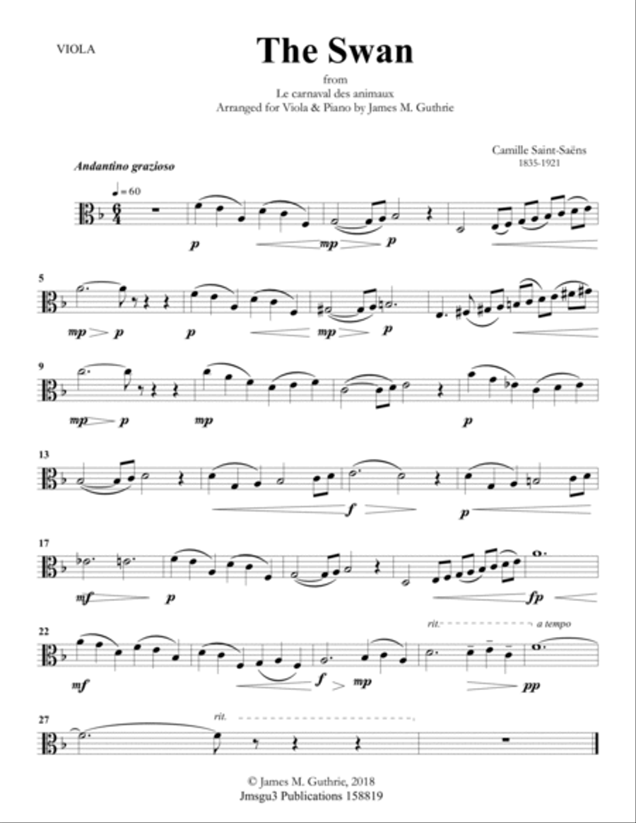 Saint-Saëns: The Swan for Viola & Piano Viola scores gallery preview page 6