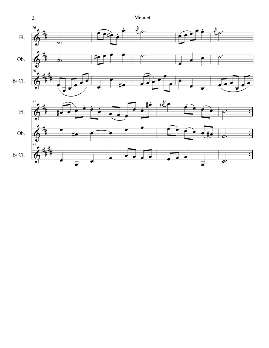 Bach - Menuet from Orchestral Suite No. 2 in B Minor - woodwind trio (flute, oboe, clarinet) Woodwind Trio scores gallery preview page 2