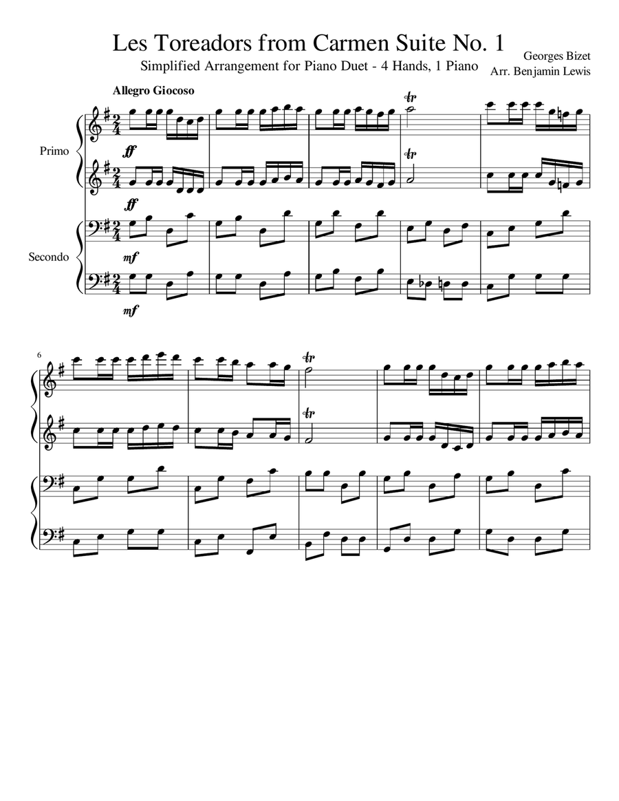 Les Toreadors from Carmen Suite No. 1 for Piano Duet Piano Duet scores gallery preview page 1
