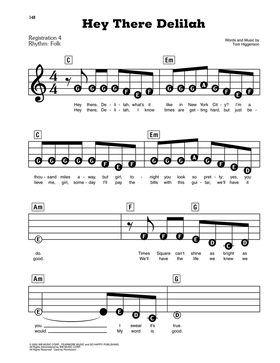 Hey There Delilah Electronic Keyboard scores gallery preview page 1