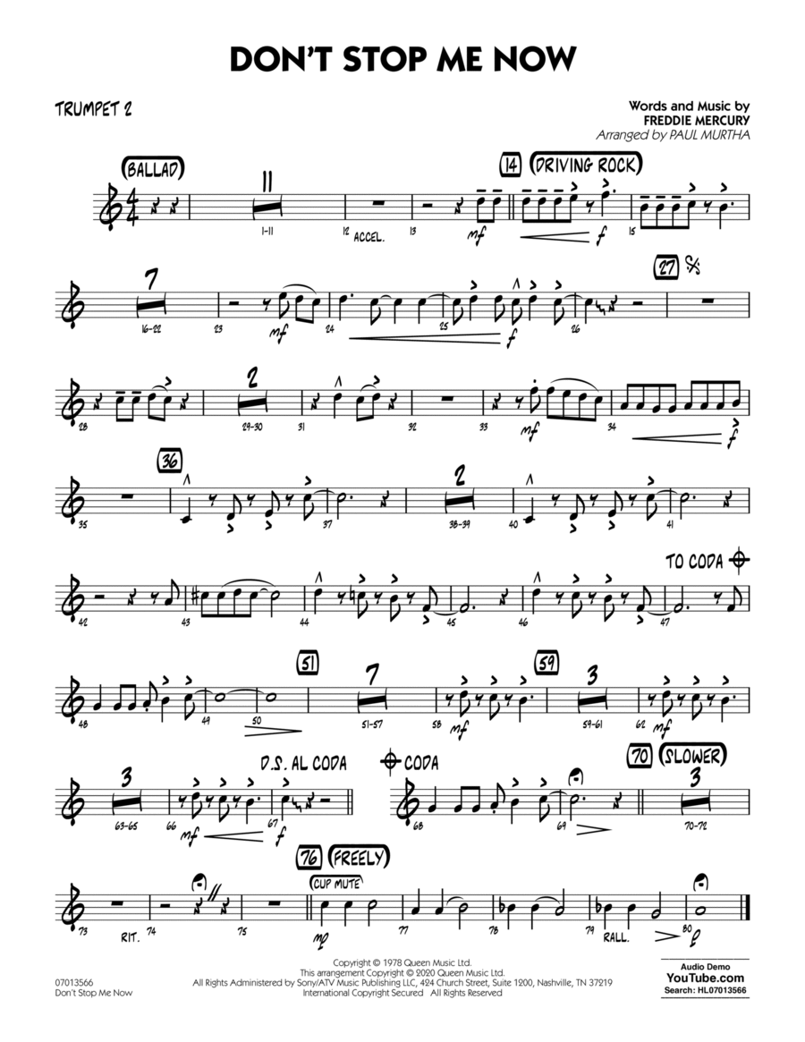 Don't Stop Me Now (arr. Paul Murtha) - Trumpet 2