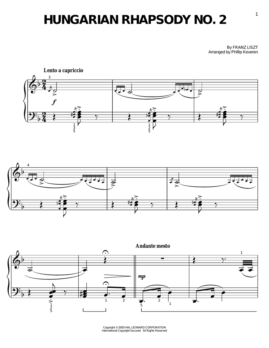 Hungarian Rhapsody No. 2 (from Who Framed Roger Rabbit) (arr. Phillip Keveren) Easy Piano scores gallery preview page 1