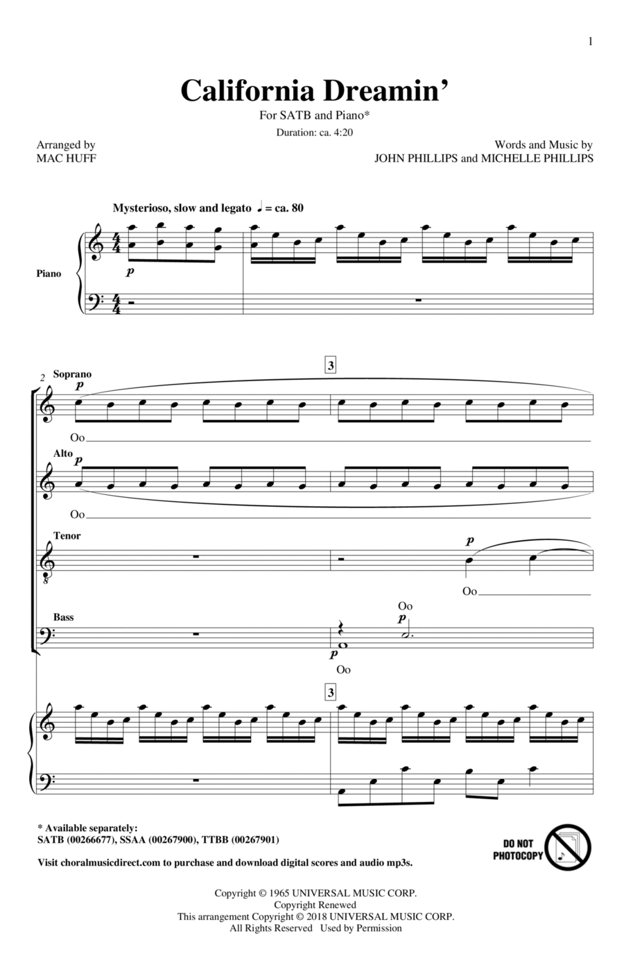 California Dreamin' (arr. Mac Huff) 4-Part scores gallery preview page 1