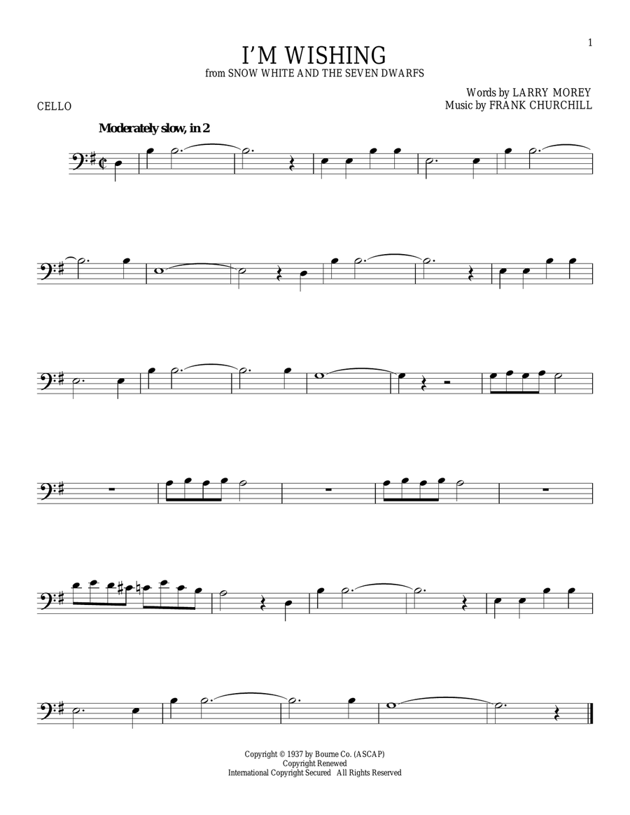 I'm Wishing (from Snow White And The Seven Dwarfs) Cello Solo scores gallery preview page 1