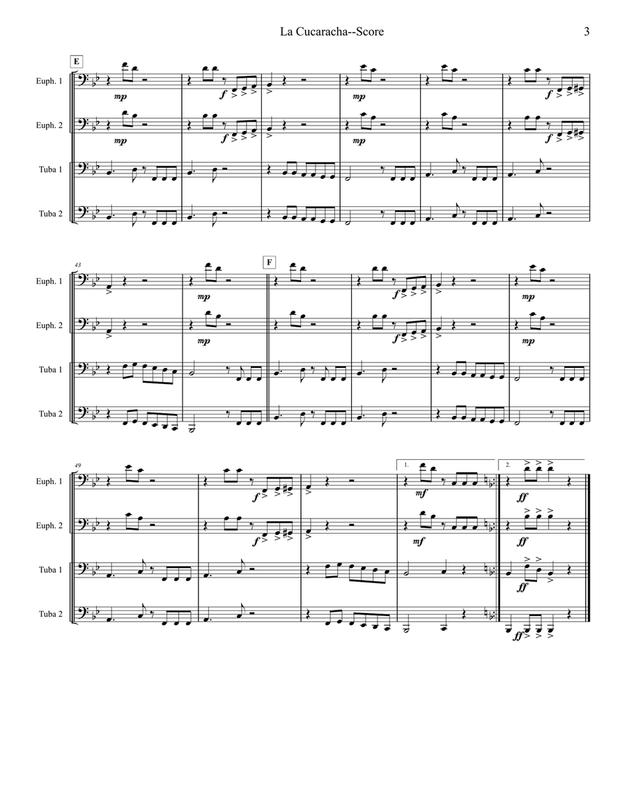 La Cucaracha - Tuba/Euphonium Quartet Brass Ensemble scores gallery preview page 3