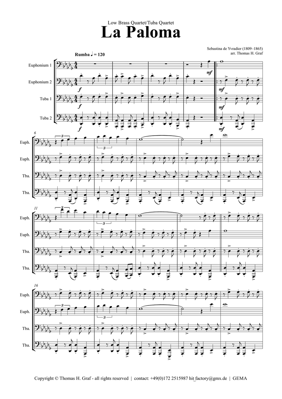La Paloma - Spanish Habanera - Low Brass Quartet/Tuba Quartet Brass Quartet scores gallery preview page 1