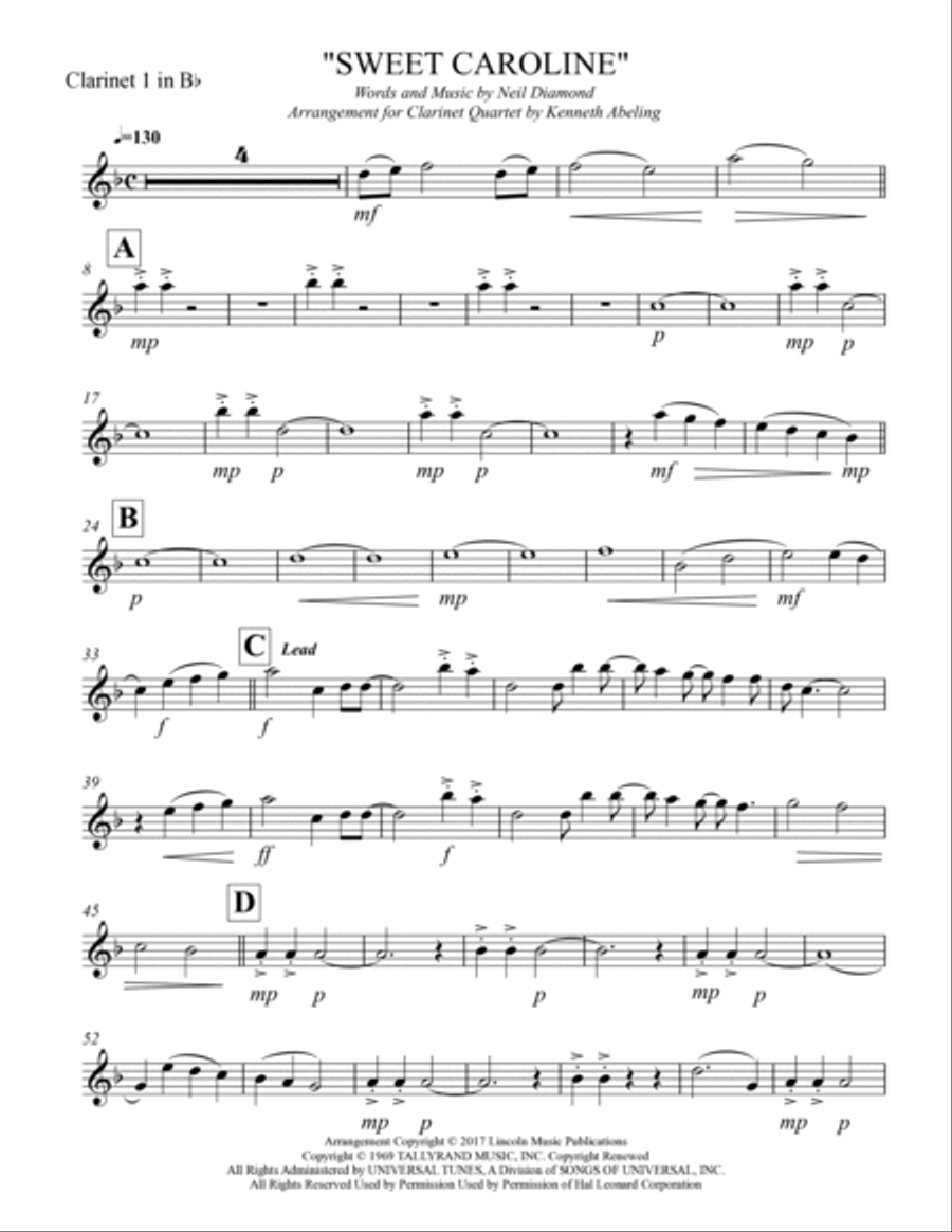Sweet Caroline Woodwind Quartet scores gallery preview page 6