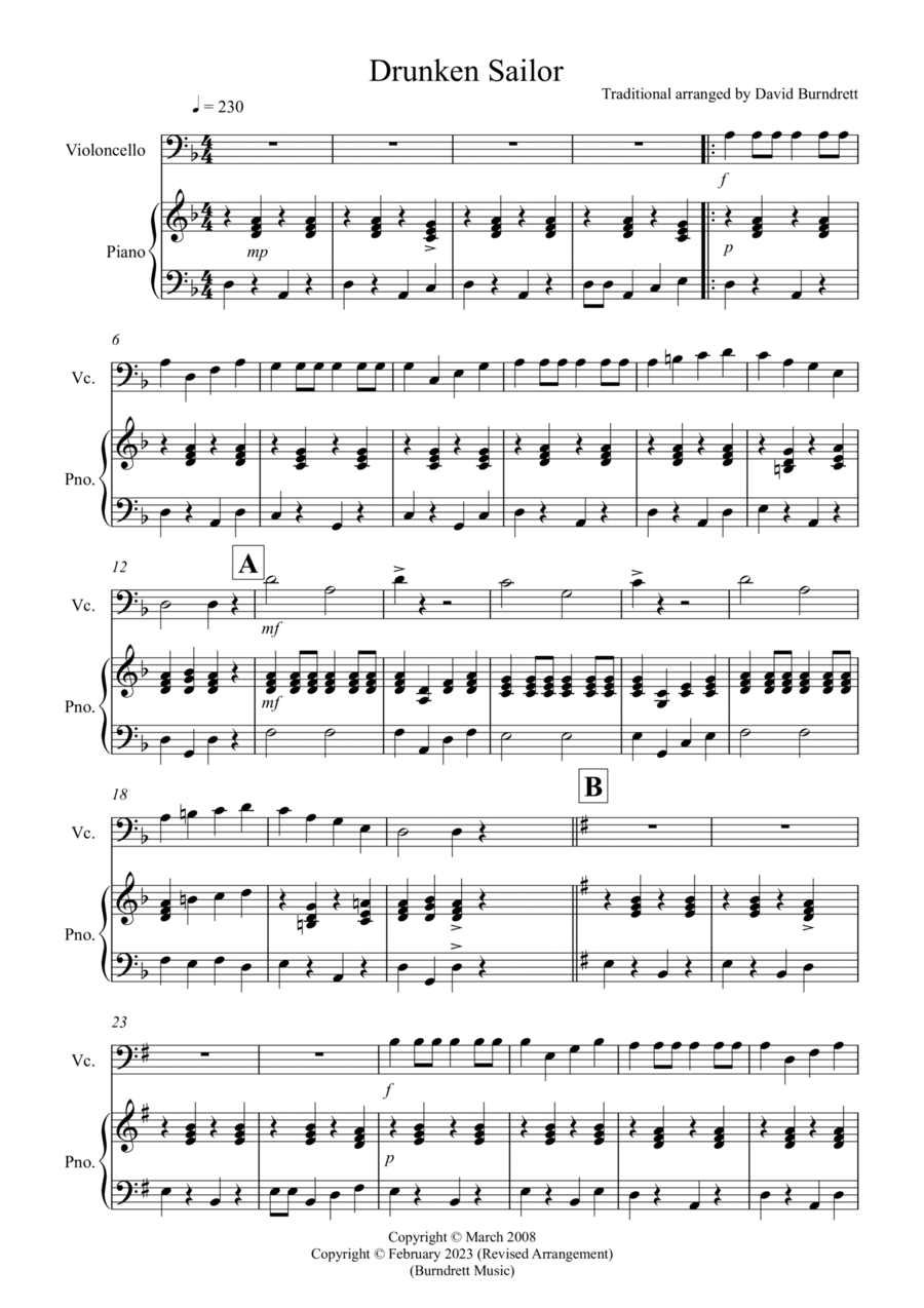 Drunken Sailor for Cello and PIano Piano Accompaniment scores gallery preview page 1