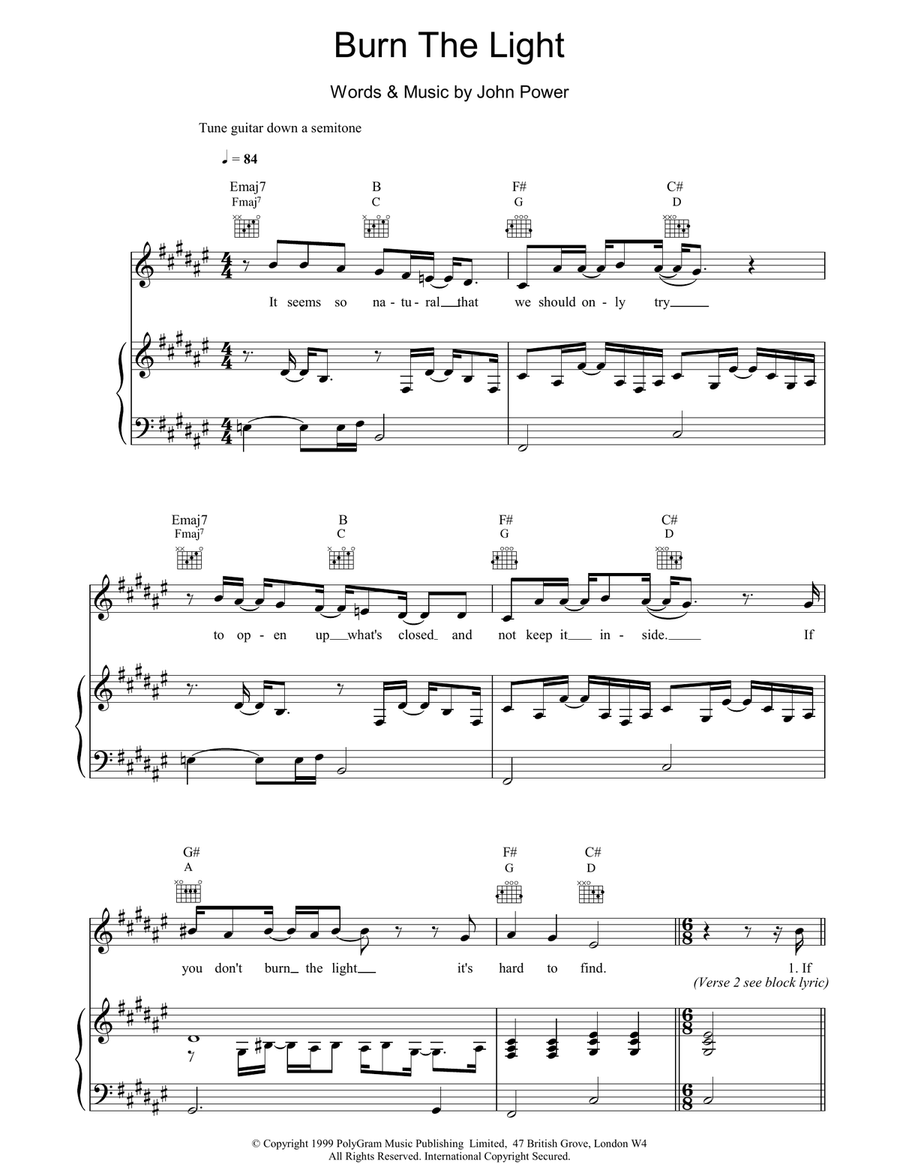 Burn The Light Piano, Vocal, Guitar scores gallery preview page 1