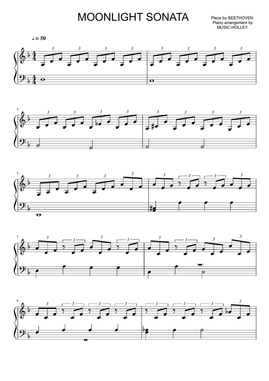 Beethoven - Moonlight Sonata (in Dm, easy piano sheet) Easy Piano scores gallery preview page 1