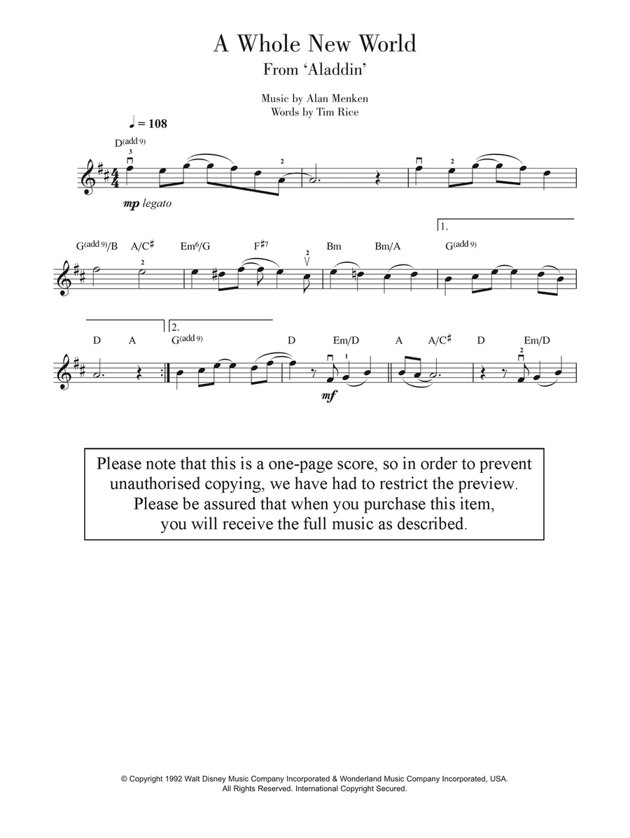 A Whole New World (from Aladdin) Violin Solo scores gallery preview page 1