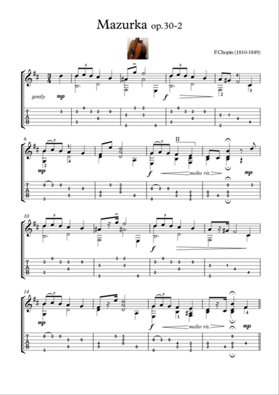 Mazurka 30-2 Chopin for Guitar solo Acoustic Guitar scores gallery preview page 1