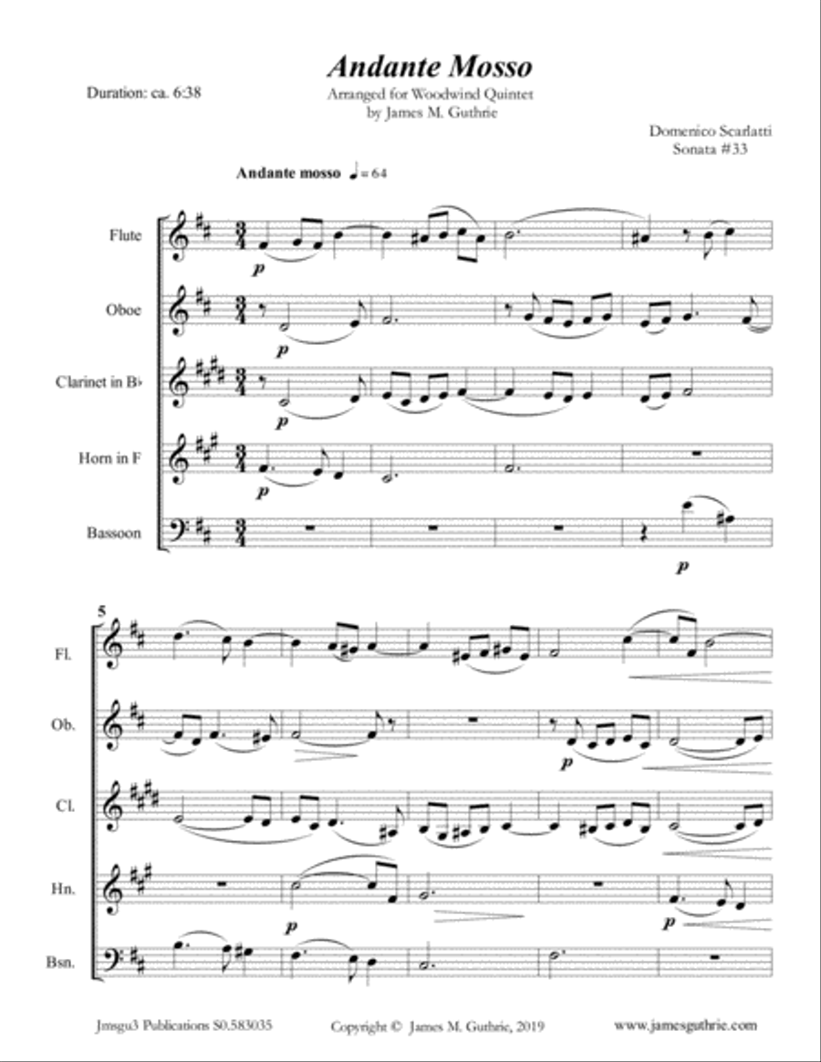 Scarlatti: Andante mosso for Woodwind Quintet Woodwind Quintet scores gallery preview page 1