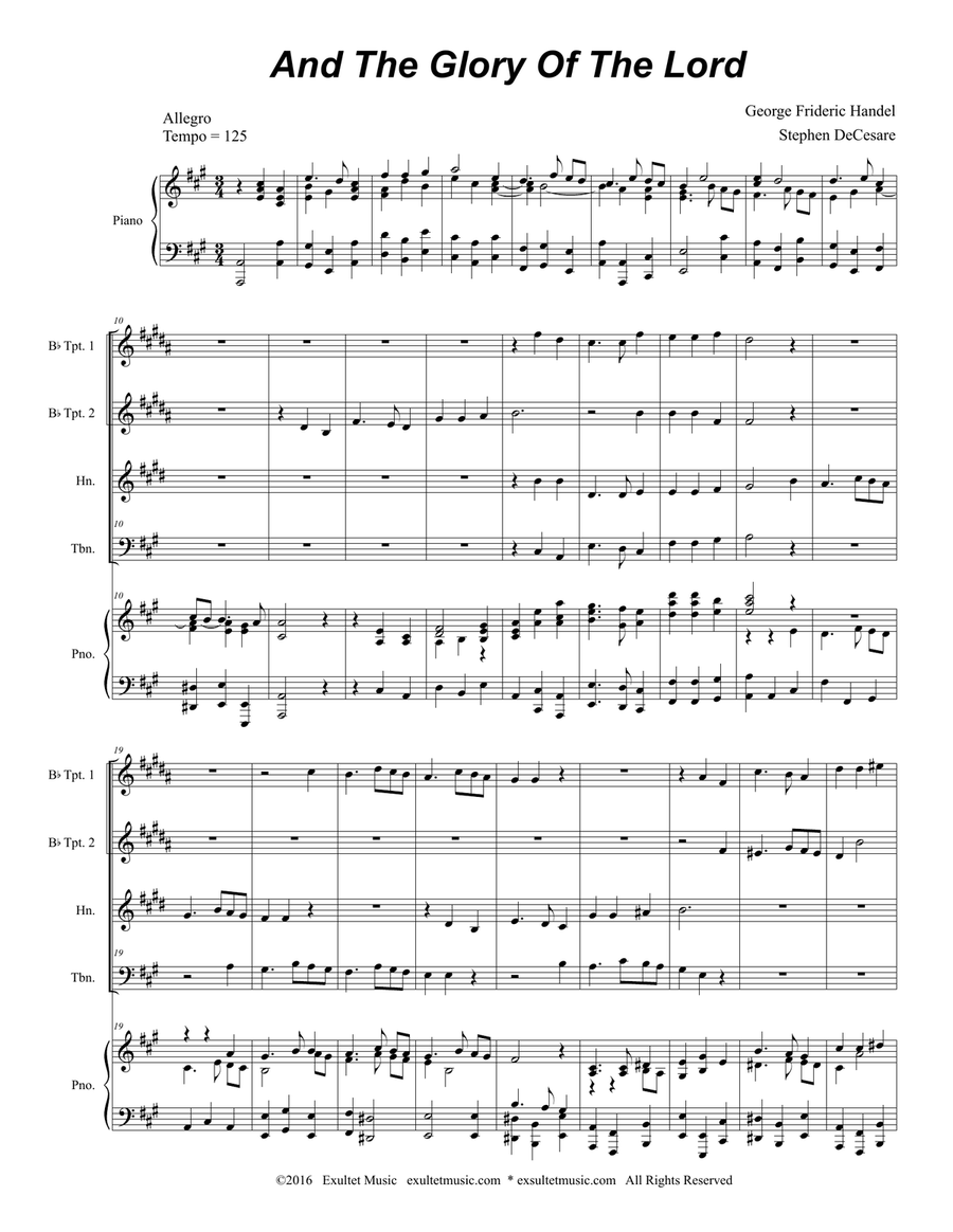 And The Glory Of The Lord (Brass Quartet and Piano) Brass Quartet scores gallery preview page 1