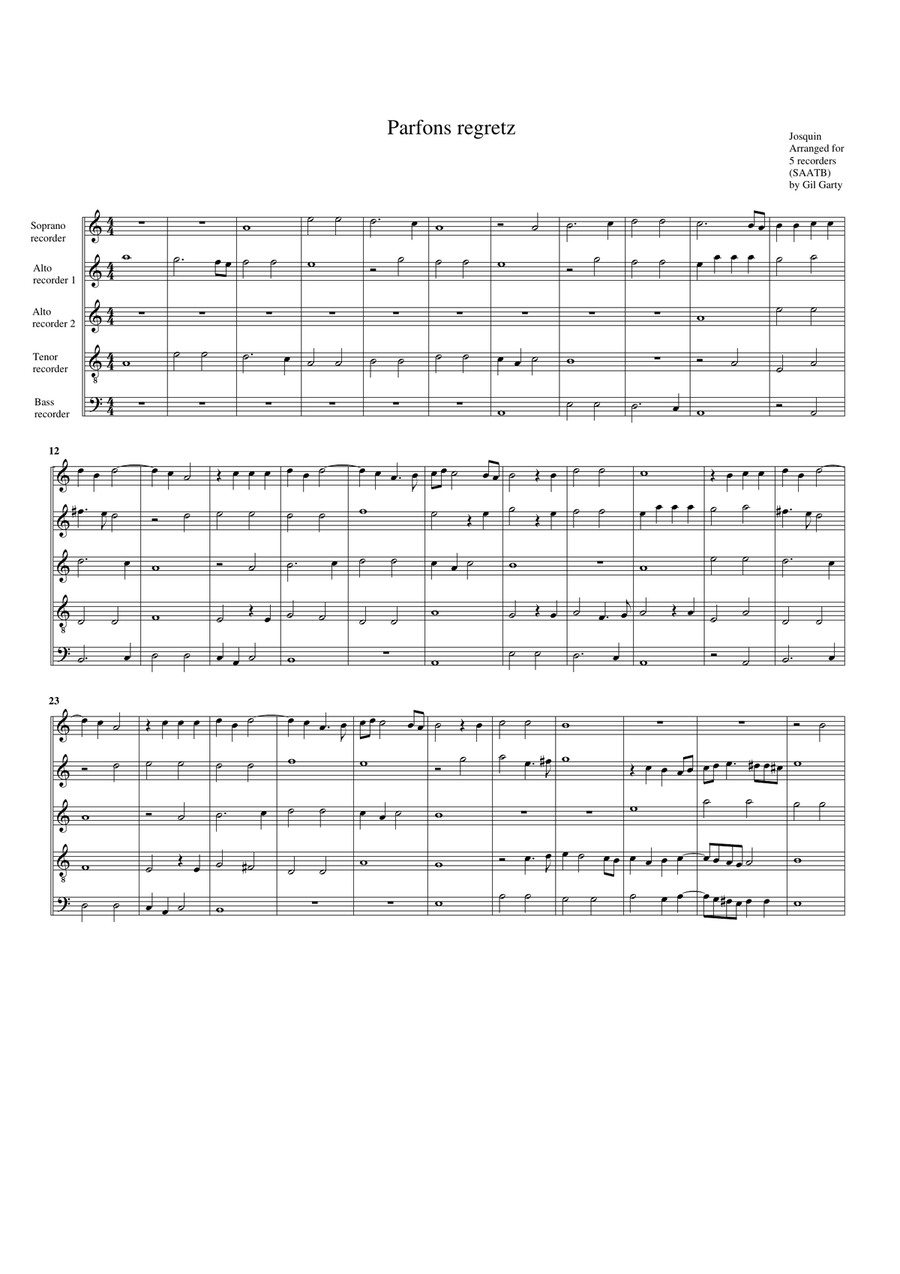 Parfons regretz (arrangement for 5 recorders)