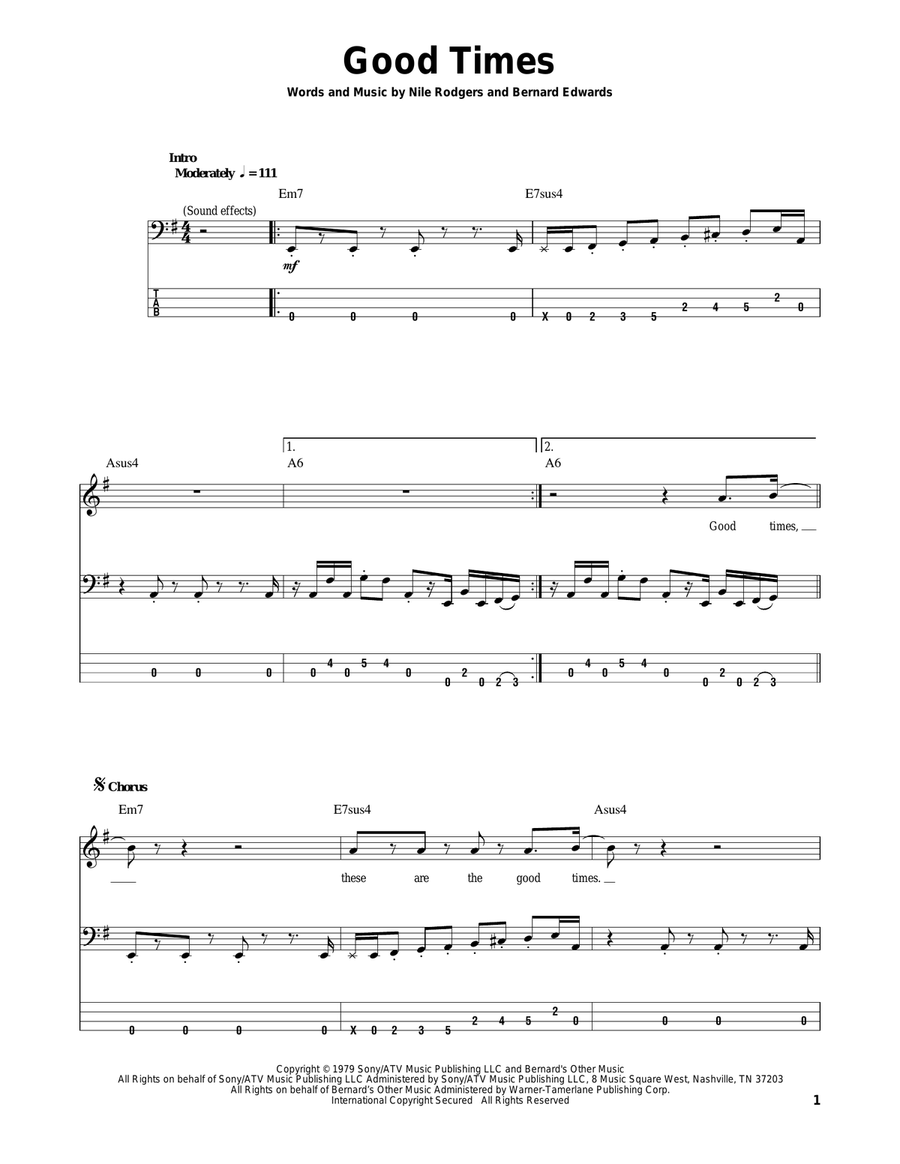 Good Times Good Times Bass Guitar Tablature scores gallery preview page 1