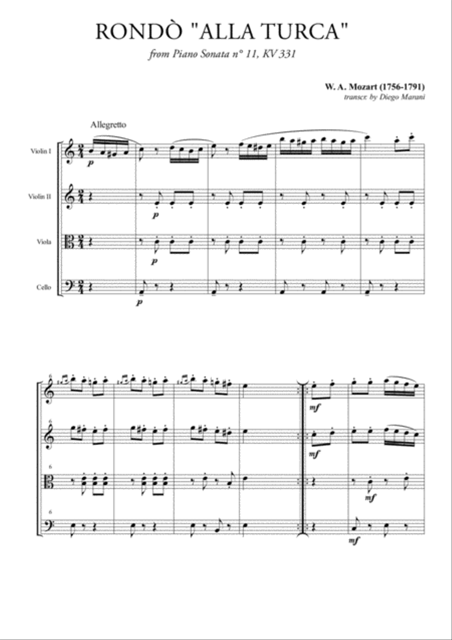 Rondò alla Turca (Turkish March) for String Quartet String Quartet scores gallery preview page 1