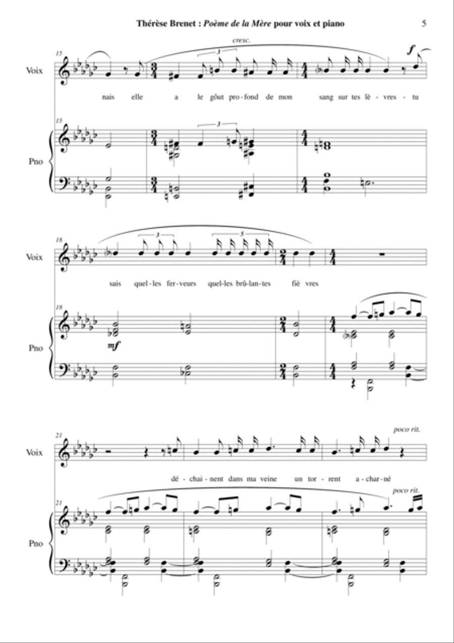 Therese Brenet : Poeme de la Mere for medium voice and piano Medium Voice scores gallery preview page 5