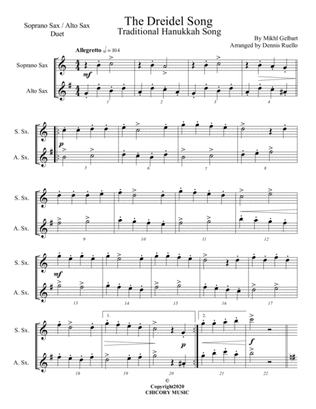 The Dreidel Song - Mixed Saxophone (Soprano/Alto) Duet - Intermediate