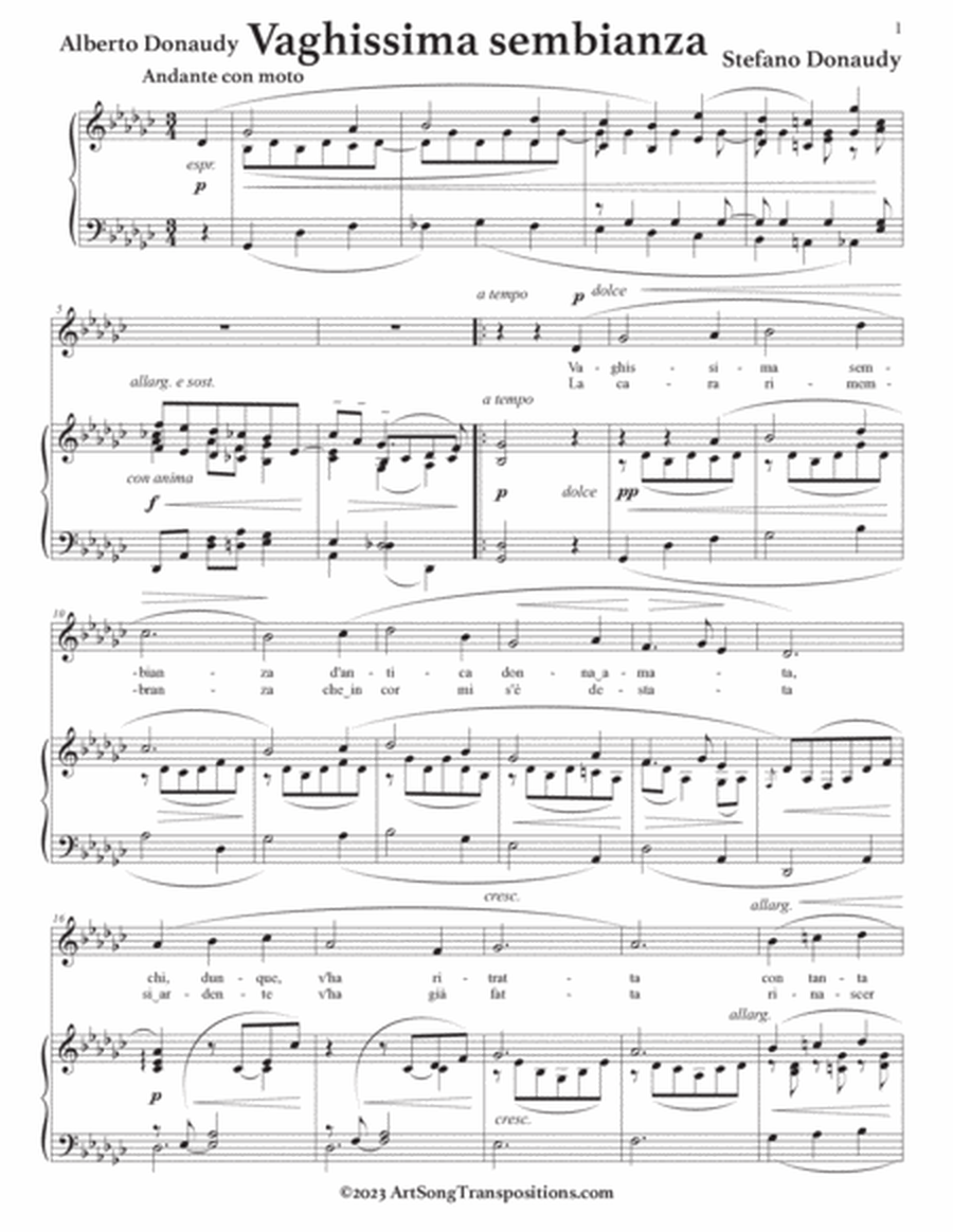 DONAUDY: Vaghissima sembianza (transposed to G-flat major and F major)