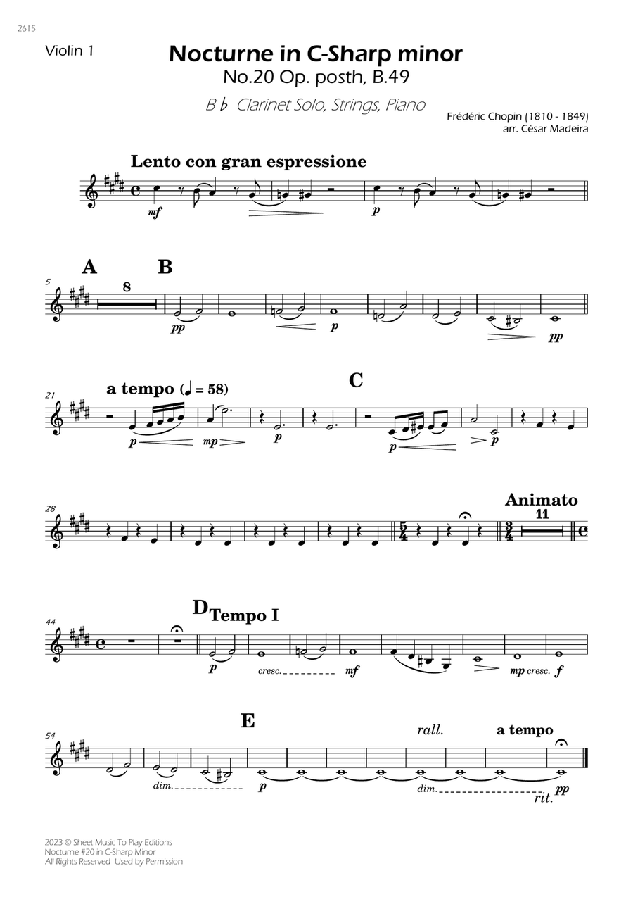 Nocturne No.20 in C Sharp minor - Clarinet Solo, Strings and Piano (Individual Parts) Large Ensemble scores gallery preview page 3