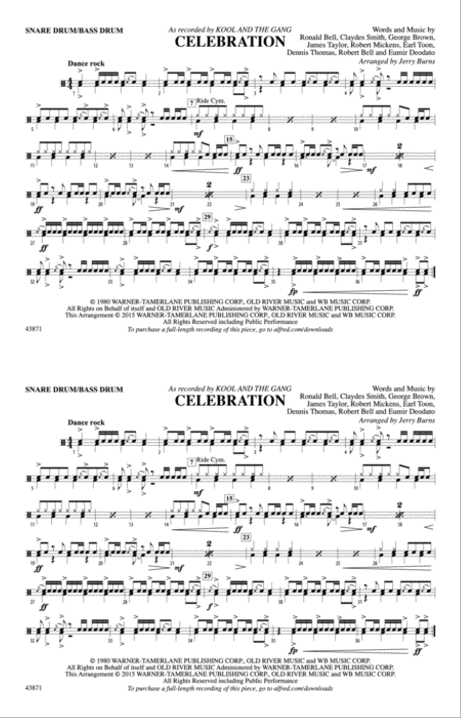 Celebration: Snare Drum/Bass Drum Marching Band scores gallery preview page 1