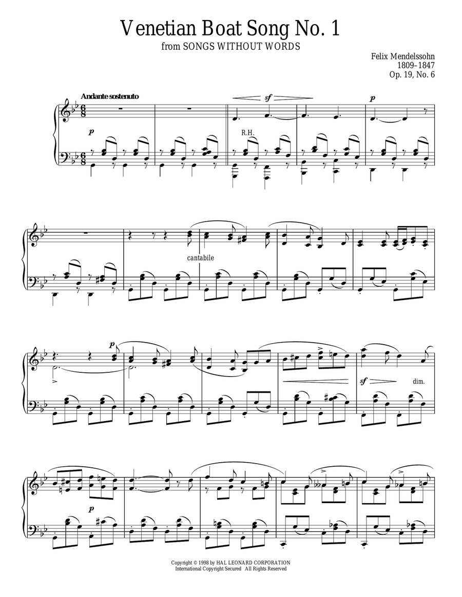 Venetian Boat Song No. 1, Op. 19, No. 6 Piano Solo scores gallery preview page 1