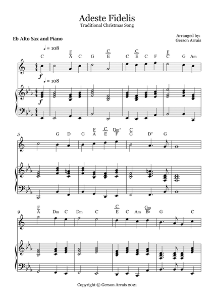 Adeste Fidelis - Traditional Christmas Song - for Eb Alto Sax and Piano - Score and Parts image number null