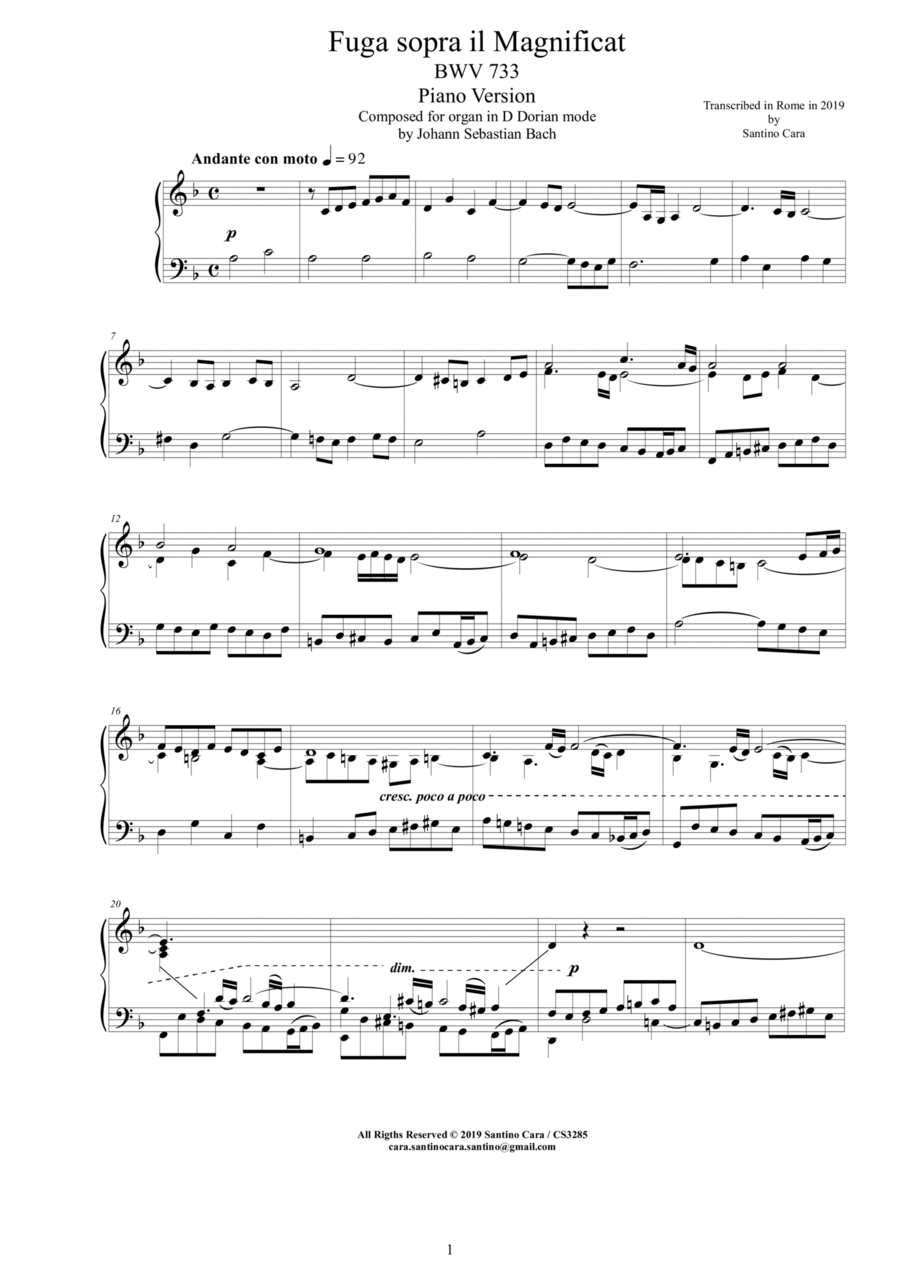 Bach - Fuga sopra il Magnificat - BWV 733 - Piano version Piano Solo scores gallery preview page 1