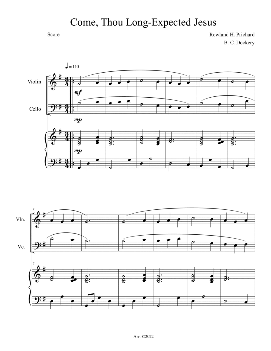 Come, Thou Long-Expected Jesus (Violin and Cello Duet with Piano Accompaniment) Come, Thou Long-Expected Jesus (Violin and Cello Duet with Piano Accompaniment) Piano Trio scores gallery preview page 1