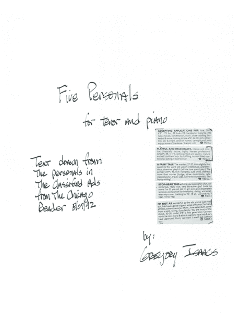 Gregory Sullivan Isaacs: Five Personals for tenor voice and piano Tenor Voice scores gallery preview page 1