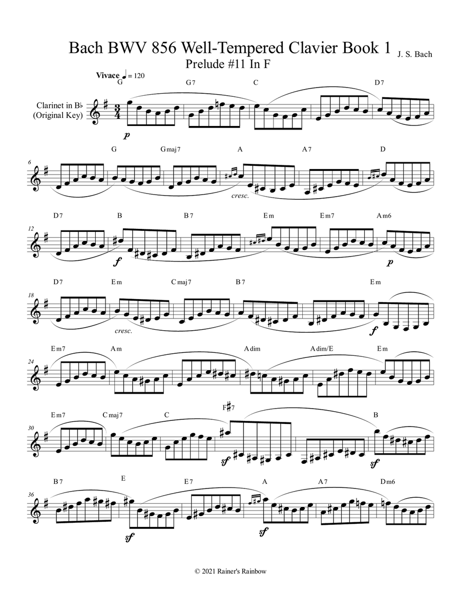 Bach BWV 856 Well-Tempered Clavier Book 1 Prelude 11 In F Clarinet Study