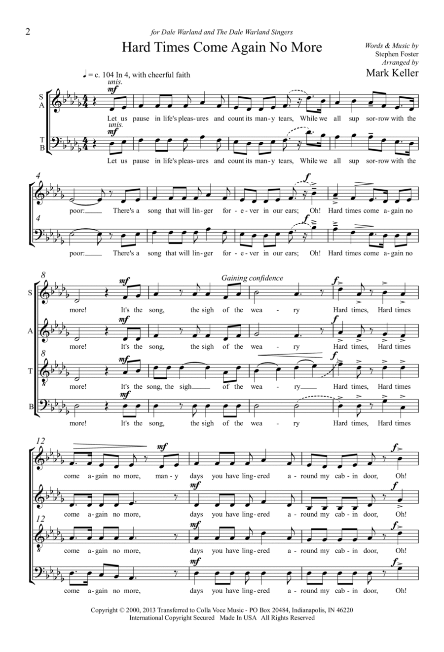 Hard Time Come Again No More 4-Part scores gallery preview page 1